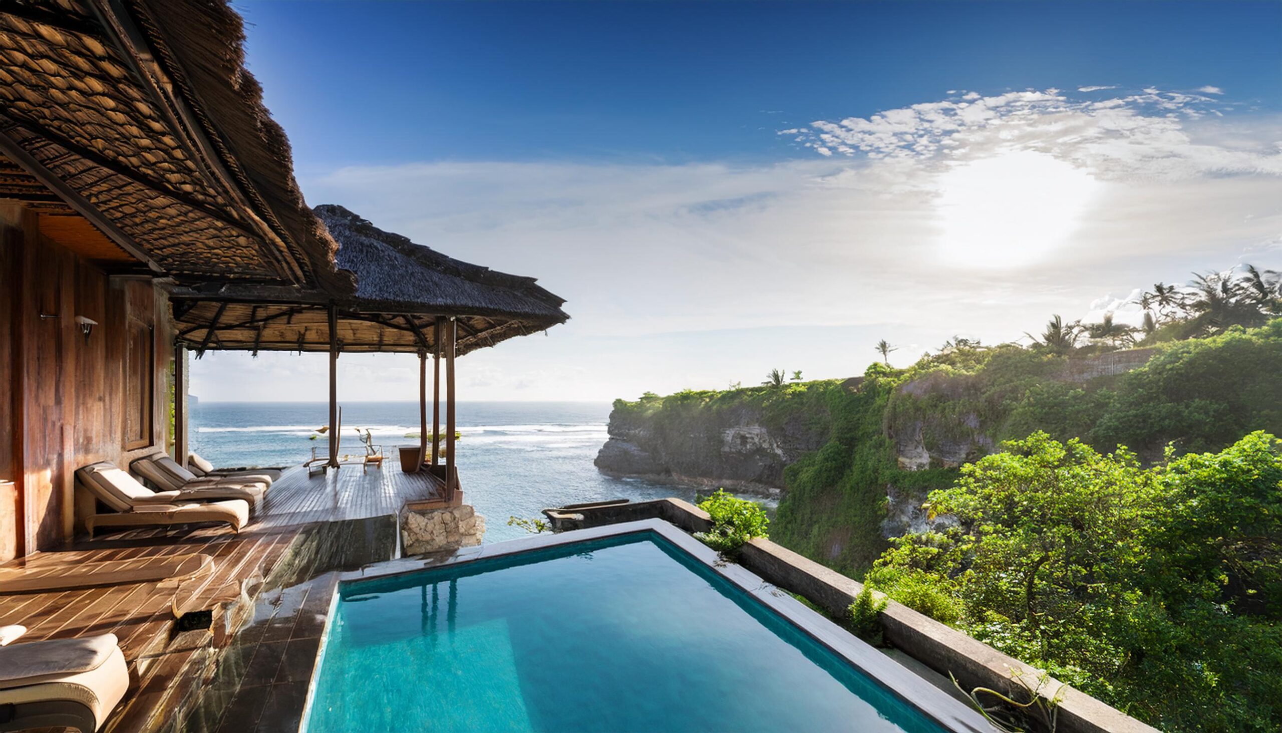 Firefly a villa with balinese tropical style with black tile roof on the edge of cliff with swimming
